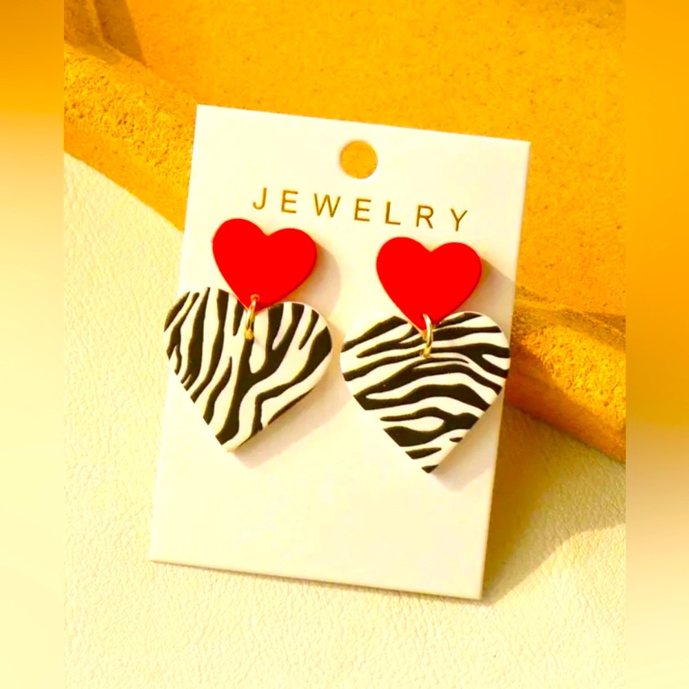 Double Heart Zebra Print Acrylic Earrings